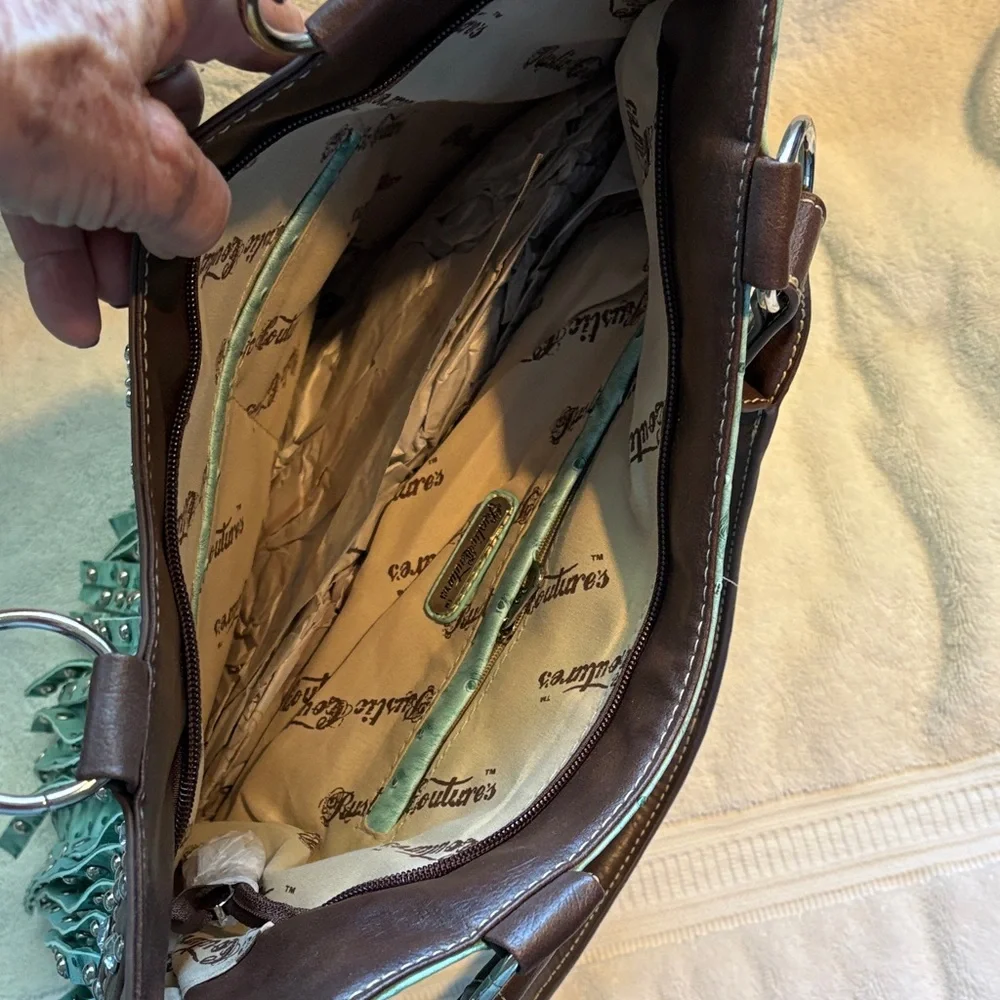Brown and Green Fringe Studded Women's Bag - Picture 4 of 4